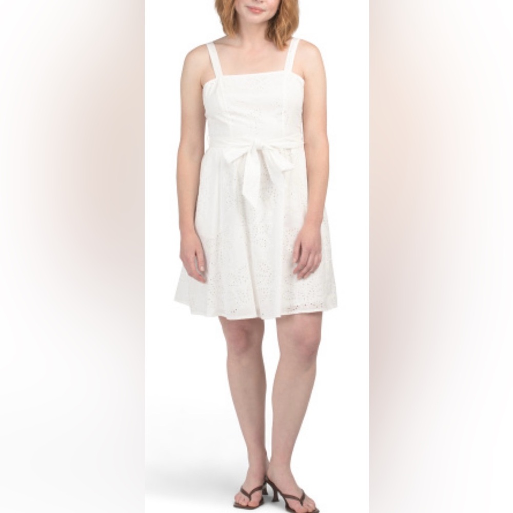 Calypso St. Barth Stylish White Square Neck Eyelet Sundress With Sash Size 8 NWT